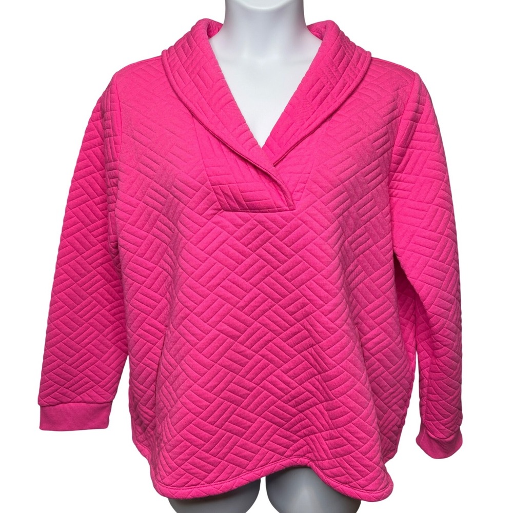 T BY TALBOTS Womens Pink Quilted Shawl Neck Sweatshirt w/Pockets 1X Preppy Cozy